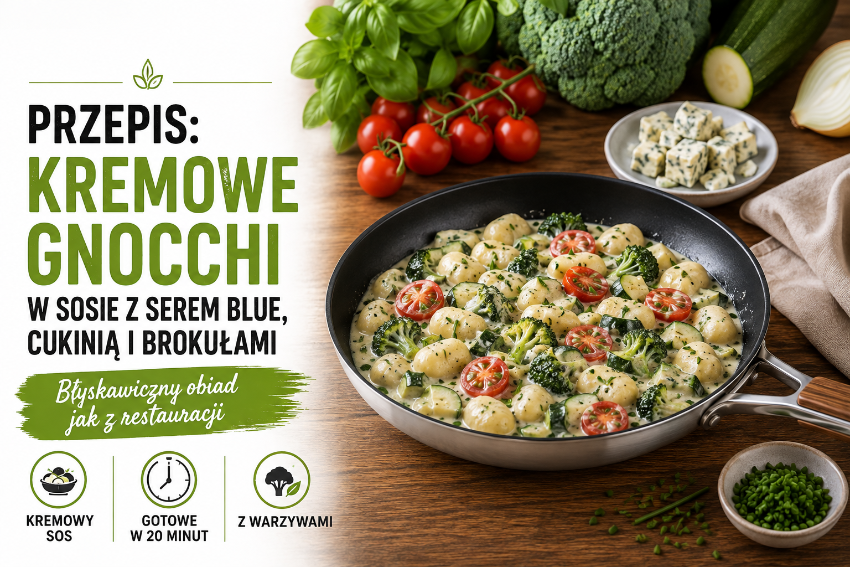 PRZEPIS: KREMOWE GNOCCHI W SOSIE Z SEREM BLUE, CUKINIĄ I BROKUŁAMI