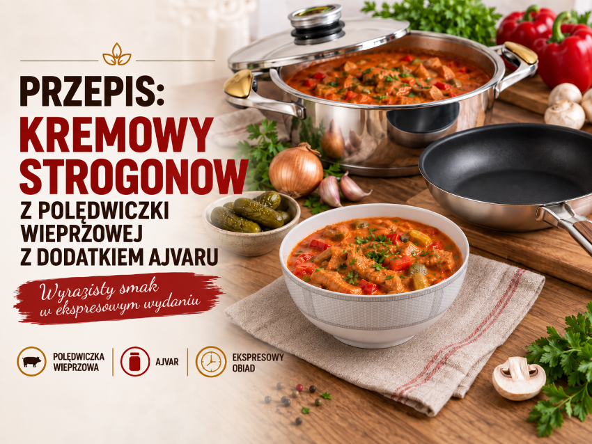 PRZEPIS: KREMOWY STROGONOW Z POLĘDWICZKI WIEPRZOWEJ Z DODATKIEM AJVARU