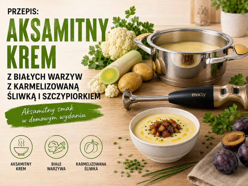 PRZEPIS: AKSAMITNY KREM Z BIAŁYCH WARZYW Z KARMELIZOWANĄ ŚLIWKĄ I SZCZYPIORKIEM